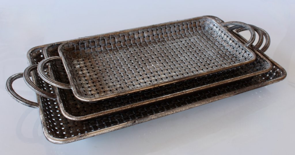 Set of 3 Silver Lattice Metal Trays